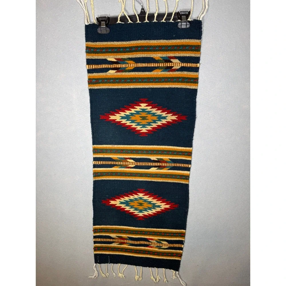 Vintage Zapotec Mexican Wool Tapestry Runner Blue Southwestern 100% Lana